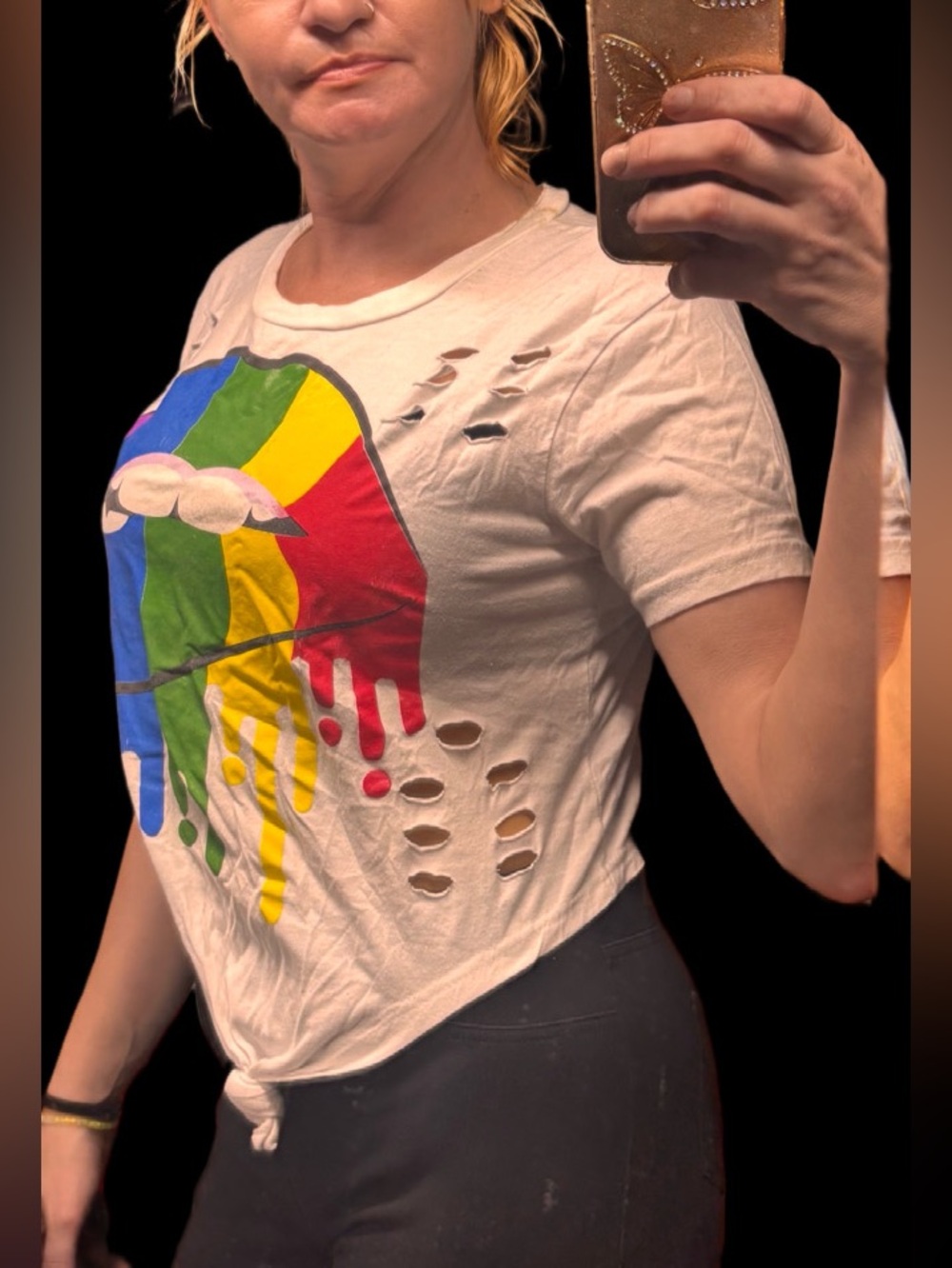 On Fire White Crop Tee with Dripping Rainbow Lips Graphic